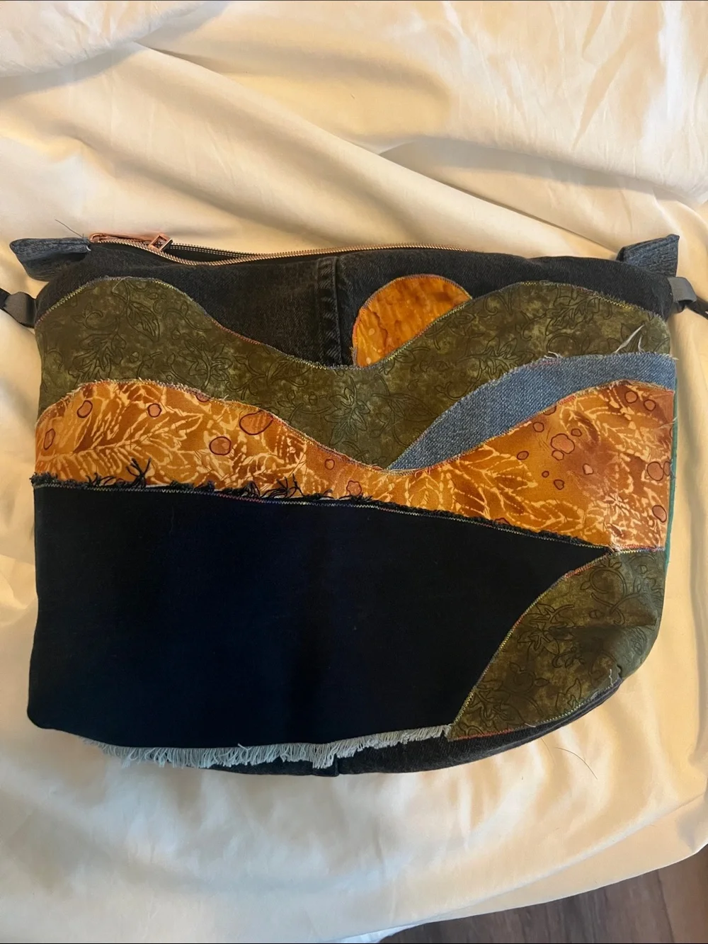 Hand Crafted Patchwork Cosmetic Bag - Blue, Orange & Olive repurposed jean bag